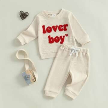 DNOMAID YZARC Toddler Baby Boy Valentines Day Outfit Lover Boy Embroidery Waffle Knit Sweatshirt Long Pants 2Pcs Clothes Set