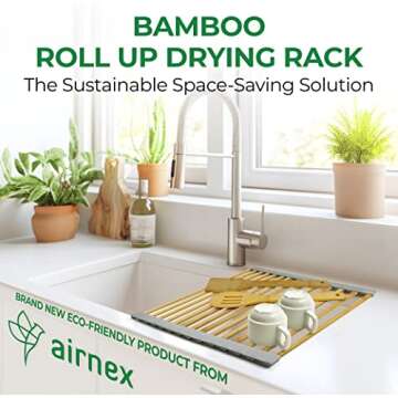 AIRNEX Bamboo Sink Drying Rack, Roll Up Dish Drying Rack Over The Sink Kitchen, Wooden Over The Sink...