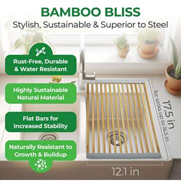 AIRNEX Bamboo Sink Drying Rack, Roll Up Dish Drying Rack Over The Sink Kitchen, Wooden Over The Sink Drying Rack for Kitchen Sink, Roll Out Sink Drainers, Kitchen Sink Accessories (17 x 12 in)