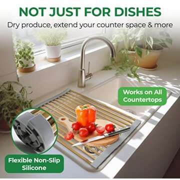 AIRNEX Bamboo Sink Drying Rack, Roll Up Dish Drying Rack Over The Sink Kitchen, Wooden Over The Sink Drying Rack for Kitchen Sink, Roll Out Sink Drainers, Kitchen Sink Accessories (17 x 12 in)