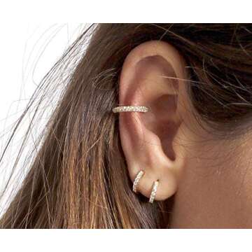 SWEETV Small Gold Hoop Earrings for Women, 14K Gold Plated Cubic Zirconia Sterling Silver Huggies Earrings Hypoallergenic Cartilage Earrings,Gold-suitable for ages 15+