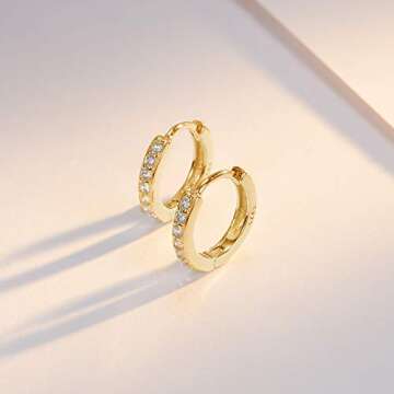 SWEETV Small Gold Hoop Earrings for Women, 14K Gold Plated Cubic Zirconia Sterling Silver Huggies Earrings Hypoallergenic Cartilage Earrings,Gold-suitable for ages 15+