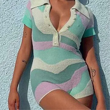 HnuanLui Women Sleeveless Bodycon Knitted 2pcs Outfits Halter Neck Tie Dye Top+ Short Pants Sets Y2k Summer Streetwear (Q Striped-Blue, S, s)