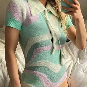 HnuanLui Women Sleeveless Bodycon Knitted 2pcs Outfits Halter Neck Tie Dye Top+ Short Pants Sets Y2k Summer Streetwear (Q Striped-Blue, S, s)