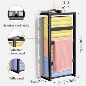 Bamboo Wall Blanket Ladder, 4-Tier Towel Racks, Blanket Holder with Anti-Slip Construction Home Decor, Decorative Blanket, Quilt, Towel, Scarf Ladder Shelves for Bathroom, Living Room, Bedroom, Black