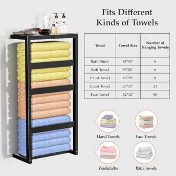 Bamboo Wall Blanket Ladder, 4-Tier Towel Racks, Blanket Holder with Anti-Slip Construction Home Decor, Decorative Blanket, Quilt, Towel, Scarf Ladder Shelves for Bathroom, Living Room, Bedroom, Black