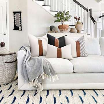 cygnus Set of 2 White Linen Patchwork Faux Leather Throw Pillow Covers for Couch Living Room Bedroom...