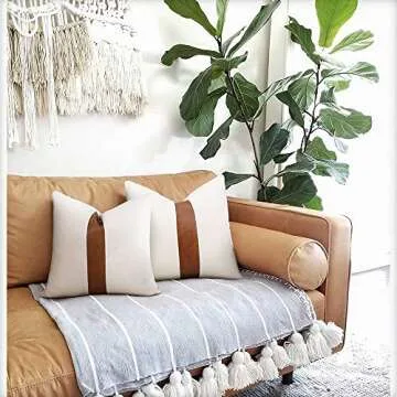 cygnus Set of 2 White Linen Patchwork Faux Leather Throw Pillow Covers for Couch Living Room Bedroom, Modern Accent Decor Square Covers 18X18 inch, Brown and White