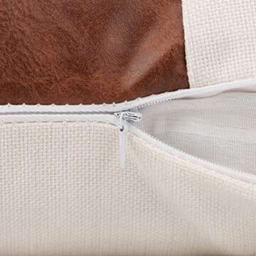 cygnus Set of 2 White Linen Patchwork Faux Leather Throw Pillow Covers for Couch Living Room Bedroom, Modern Accent Decor Square Covers 18X18 inch, Brown and White