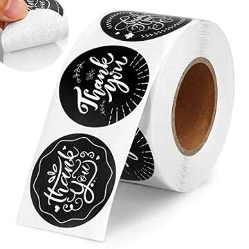 Poxoke Thank You Stickers Roll Black 1.5 Inch 500Tags Floral for Small Business Packaging Wedding Ba...
