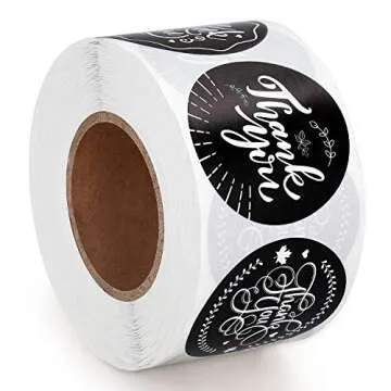 Poxoke Thank You Stickers Roll Black 1.5 Inch 500Tags Floral for Small Business Packaging Wedding Baby Shower Birthday