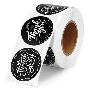 Poxoke Thank You Stickers Roll Black 1.5 Inch 500Tags Floral for Small Business Packaging Wedding Baby Shower Birthday