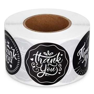 Poxoke Thank You Stickers Roll Black 1.5 Inch 500Tags Floral for Small Business Packaging Wedding Baby Shower Birthday