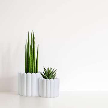 Olly & Rose Vertical Striped Ribbed Plant Pots - Charcoal Speckled White Planters - 6.5" and 5.3" Di...