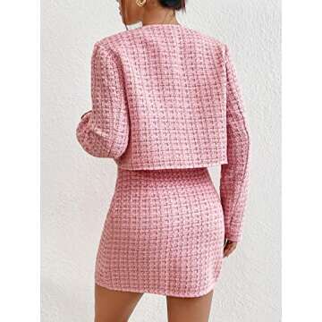 Floerns Women's 2 Piece Outfits Plaid Tweed Blazer Long Sleeve Jacket and Skirt Set Light Pink S