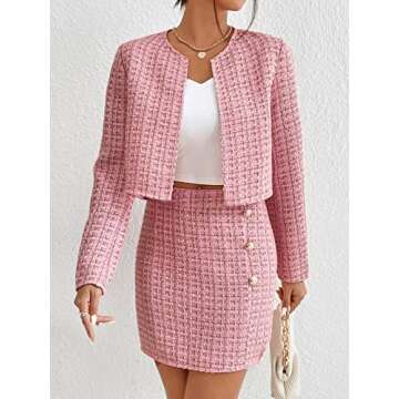 Floerns Women's 2 Piece Outfits Plaid Tweed Blazer Long Sleeve Jacket and Skirt Set Light Pink S