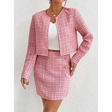 Floerns Women's 2 Piece Outfits Plaid Tweed Blazer Long Sleeve Jacket and Skirt Set Light Pink S