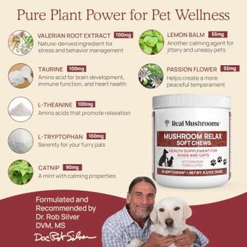 Real Mushrooms Calming Chews for Dogs - Cat Dog Treats w Reishi Lions Mane, Dogs, Relaxation, Bites Pet, 60ct