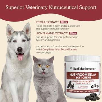 Real Mushrooms Calming Chews for Dogs - Cat Dog Treats w Reishi Lions Mane, Dogs, Relaxation, Bites Pet, 60ct