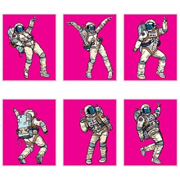 6 Pink Dancing Astronaut Wall Prints | Outer Space Men & Women Funky Moves for Girl's Room Dorm Apar...