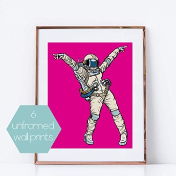 6 Pink Dancing Astronaut Wall Prints for Kids' Rooms