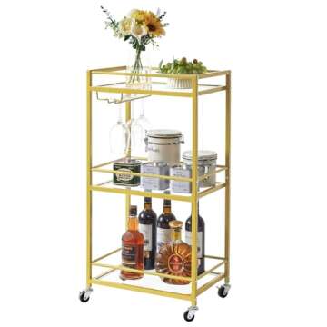IBUYKE Home Bar Serving Cart,Small Bar Cart with 3-Tier Glass Shelf, Mobile Drink Shelf with Wine Ho...