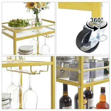IBUYKE Home Bar Serving Cart,Small Bar Cart with 3-Tier Glass Shelf, Mobile Drink Shelf with Wine Holders and Glass Holders,Mini Bar for Outdoor, Small Space, Kitchen Gold TMJ519G
