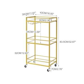 IBUYKE Home Bar Serving Cart,Small Bar Cart with 3-Tier Glass Shelf, Mobile Drink Shelf with Wine Holders and Glass Holders,Mini Bar for Outdoor, Small Space, Kitchen Gold TMJ519G