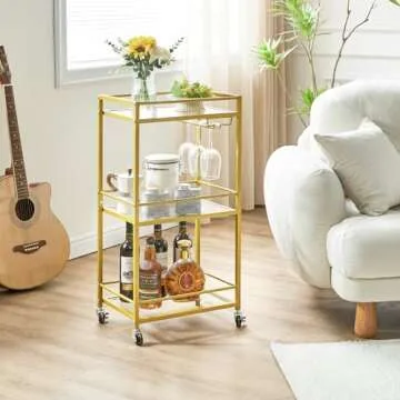 IBUYKE Home Bar Serving Cart,Small Bar Cart with 3-Tier Glass Shelf, Mobile Drink Shelf with Wine Holders and Glass Holders,Mini Bar for Outdoor, Small Space, Kitchen Gold TMJ519G