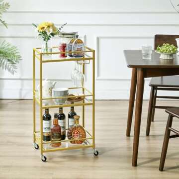 IBUYKE Home Bar Serving Cart,Small Bar Cart with 3-Tier Glass Shelf, Mobile Drink Shelf with Wine Holders and Glass Holders,Mini Bar for Outdoor, Small Space, Kitchen Gold TMJ519G