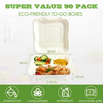 Vplus Compostable Clamshell Containers 90 Pack 8"X8"