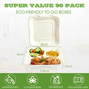 Vplus Compostable Clamshell Containers 90 Pack 8"X8"