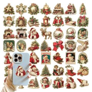 Vintage Christmas Stickers, 50 X Christmas Stickers Vintage, Retro Christmas Stickers for Cards, Waterproof Stickers for Mugs Phones Luggage, Christmas Decorations for Furniture Window Glass Cups