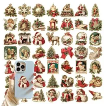 Vintage Christmas Stickers, 50 X Christmas Stickers Vintage, Retro Christmas Stickers for Cards, Waterproof Stickers for Mugs Phones Luggage, Christmas Decorations for Furniture Window Glass Cups