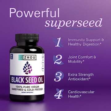 Zhou Nutrition Black Seed Oil Capsules, 100% Virgin, Cold Pressed Source of Omega 3 6 9, Super Antioxidant for Immune Support, Joints, Digestion, Hair & Skin, 60 Caps