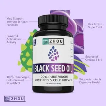 Zhou Nutrition Black Seed Oil Capsules, 100% Virgin, Cold Pressed Source of Omega 3 6 9, Super Antioxidant for Immune Support, Joints, Digestion, Hair & Skin, 60 Caps
