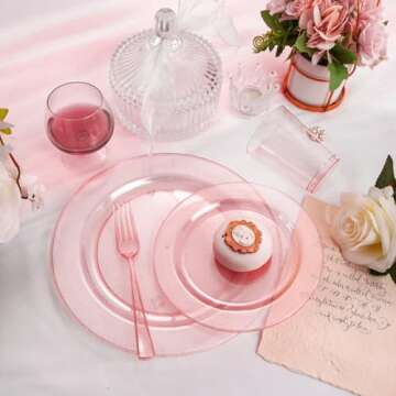 DaYammi 150PCS Pink Plastic Plates Disposable Set - Elegant Dinnerware with Glitter