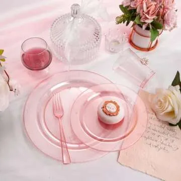 DaYammi 150PCS Pink Plastic Plates Disposable Set - Elegant Dinnerware with Glitter