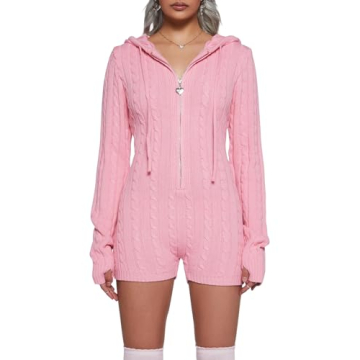 VOIKERDR Long Sleeve Jumpsuit for Women Crochet Hoodie One Piece Bodycon Jumpsuit Knit Sexy Outfits