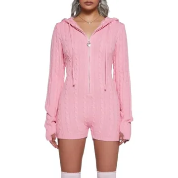 VOIKERDR Long Sleeve Jumpsuit for Women Crochet Hoodie One Piece Bodycon Jumpsuit Knit Sexy Outfits