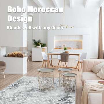 5x7 Washable Large Area Rugs for Living Room Non Slip Boho Moroccan Bedroom Rug Indoor Farmhouse Geometric Floor Mat Soft Low Pile Woven Carpet for Under Dining Table Office Playroom(Gray)