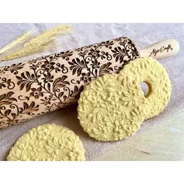 FLORAL WREATH Embossing Rolling Pin with Flowers Pattern. Dough and Clay Roller for Embossed Cookies and Pottery. Cookie and Ceramic Stamp. Backing Gifts for Women by Algis Crafts
