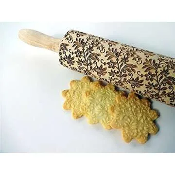 FLORAL WREATH Embossing Rolling Pin with Flowers Pattern. Dough and Clay Roller for Embossed Cookies and Pottery. Cookie and Ceramic Stamp. Backing Gifts for Women by Algis Crafts