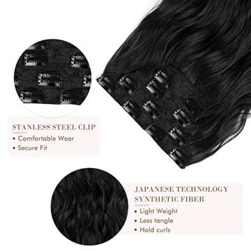 REECHO Hair Extensions, 4PCS Clip in Hair Extensions HE001 Natural Soft Synthetic Hairpieces for Women, Black
