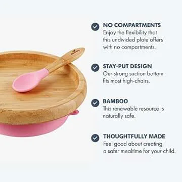 Avanchy Classic Baby Plates Non Divided Bamboo with Suction for Babies Kids Toddler Food with Silicone Spoon for Feeding, White