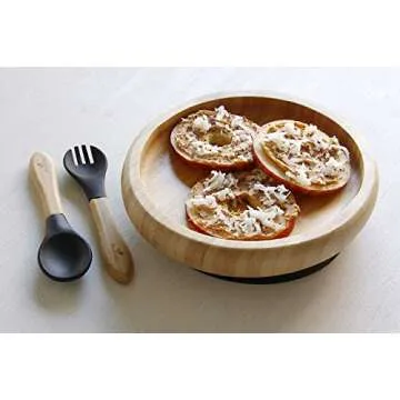 Avanchy Classic Baby Plates Non Divided Bamboo with Suction for Babies Kids Toddler Food with Silicone Spoon for Feeding, White