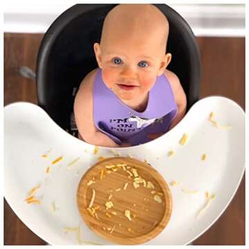 Avanchy Classic Baby Plates Non Divided Bamboo with Suction for Babies Kids Toddler Food with Silicone Spoon for Feeding, White