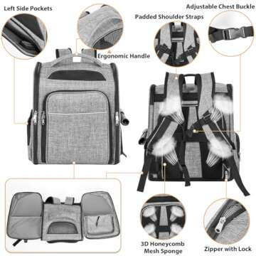 Cat Backpack Carrier, WHDPETS 2 Sides Expandable Pet Backpack for Cats Dogs fit Up to 20 lbs, Breathable Cat Carrier with Inner Safety Leash, Grey