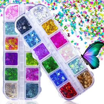 3D Holographic Butterfly Nail Glitter - 24 Color Set for Nail Art
