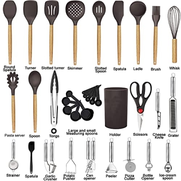 35-Piece Kitchen Utensils Set with Silicone and Wood Handles
